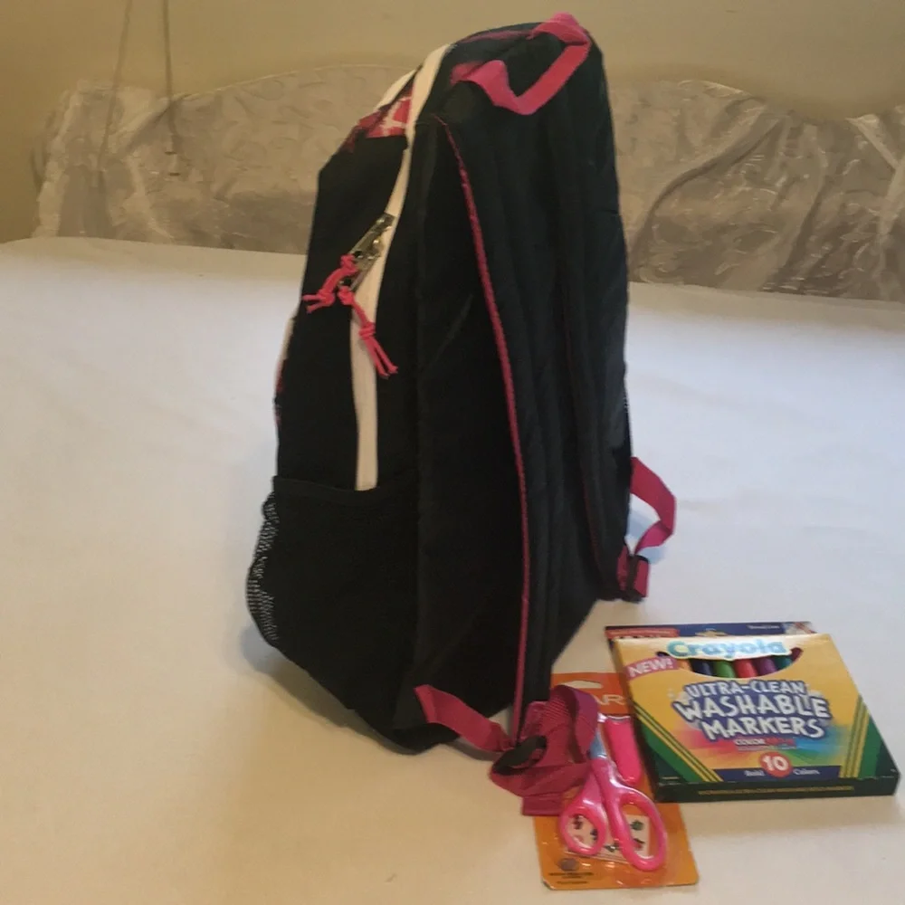 Backpack NEW 10 Pc Back to School Pink Hearts Peace signs markers scissors, More